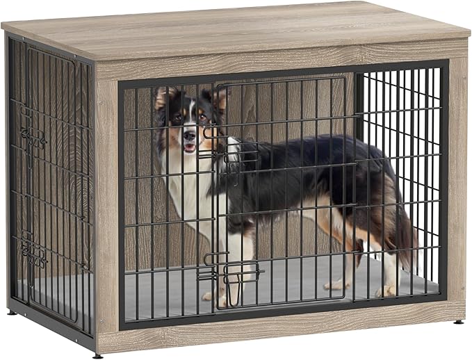 Piskyet Dog Crate Furniture with Cushion,Heavy-Duty Reinforced Metal Mesh,38" Wooden Dog Crate End Table with Double Doors,Indoor Dog Kennel,Dog Cage Side Table for Large Breed,Grey