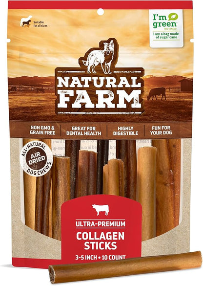 Natural Farm Collagen Dog Chews (3-5, 10 Units), Odor-Free Long Lasting Bully Sticks & Rawhide Alternative Dog Treats, 95% Collagen Low Fat, High Protein Best Dental Dog Treats  Small & Medium Dogs
