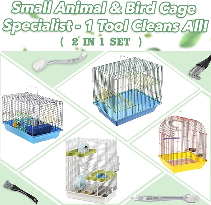 2 Pcs Bird Cage Cleaner Brush & Scoop with Long Handle and Curved Brush Head, 2-in-1 Bird Cage Cleaner with Front and Back Brushes for Kennel, and Parrot Perch Cleaning