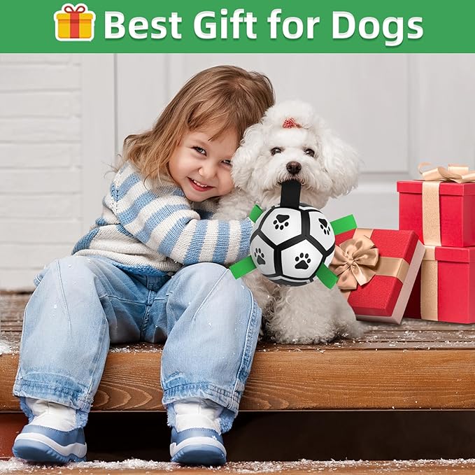 QDAN Dog Toys Soccer Ball with Straps, Interactive Dog Toys for Tug of War, Puppy Birthday Gifts, Dog Tug Toy, Dog Water Toy, Durable Dog Balls World Cup for Small Dogs（5 Inch）