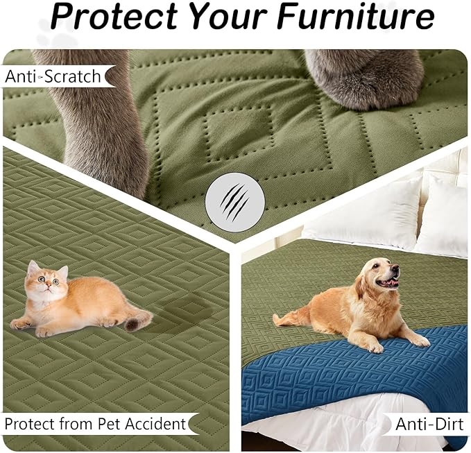 hyha Waterproof Dog Blanket, Soft Pet Bed Blankets, Waterproof Sofa Couch Cover for Dogs Washable, Reversible Pet Couch Covers for Sofa Furniture (30x80 Inch, Green/Navy Blue)