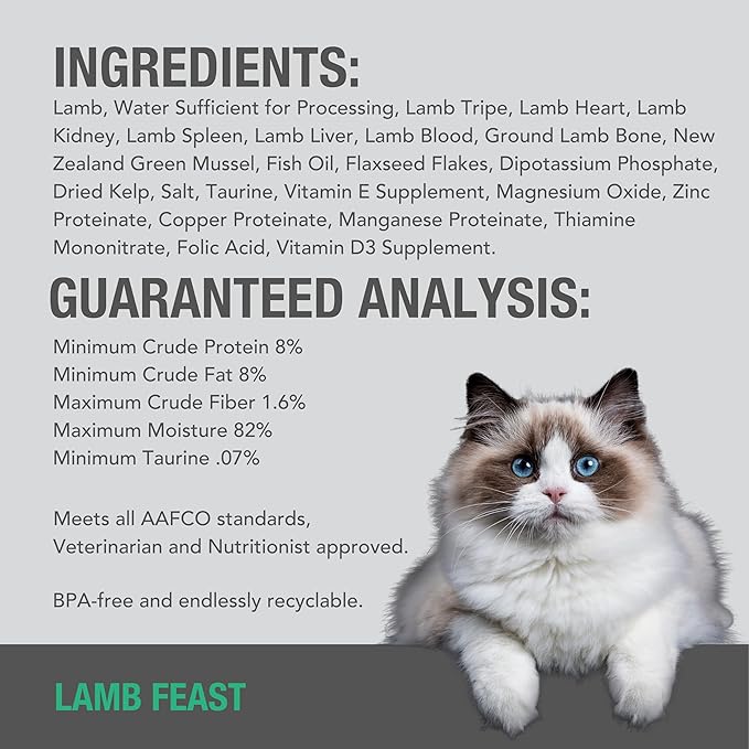 Feline Natural Wet Cat Food Pate, Lamb Feast, 6 Oz Cans (Pack of 12), Grain Free, Made in New Zealand with Grass-Fed, Free-Range Lamb, Single Source, Limited Ingredient