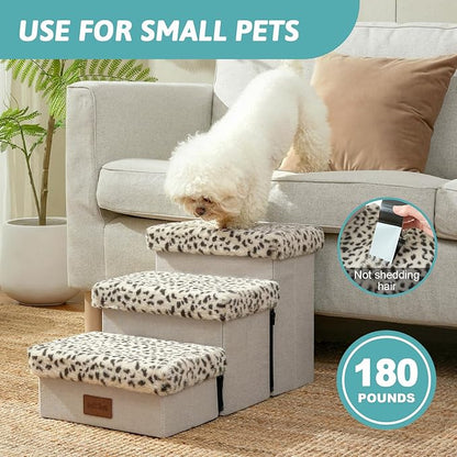 Dog Stair for Small Dogs with Storage, 13.6" H Foldable Pet Step with Soft Leakproof Cover, Older Cat Ramp for Chair Couch Sofa, Lightweight, Comfort, 24.8x13x13.6 inch, 3 Tiers, Leopard