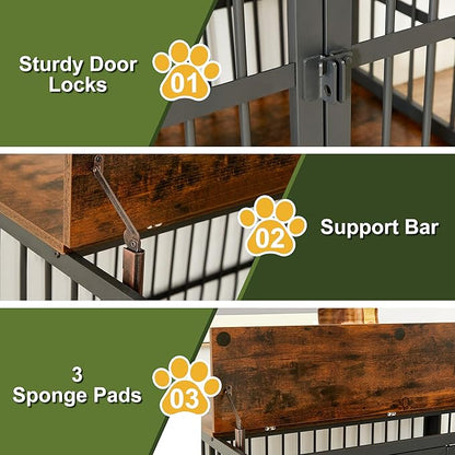 NicBex Dog Crate Furniture, 43.3" L With Double Doors, Wooden Indoor Kennel Flip-Top for Large Dogs, XL House, Rustic Brown