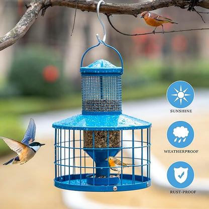 Caged Bird Feeders Squirrel-Proof, Metal, 2.8 Lbs Capacity-Cage Tube Seed Feeders with Tray Outdoor Hanging, Attract Birds,Detachable Cleaning, Starling Proof Wild Bird Feeder（Blue）