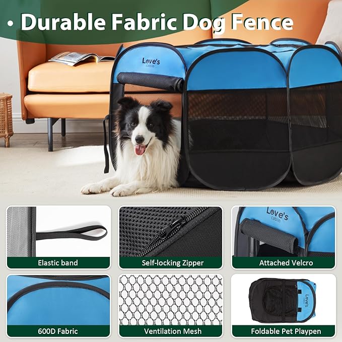 Love's cabin Pet Puppy Dog Playpen, Large Dog Tent Crates Cage Indoor/Outdoor, Portable Playpen for Cat, Foldable Pop Up Dog Kennel Playpen with Carring Case, Removable Zipper Top, Blue