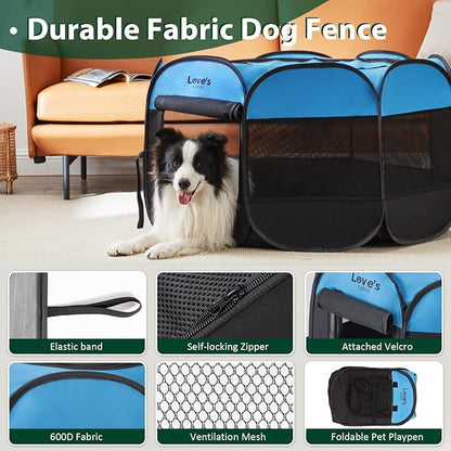 Love's cabin Pet Puppy Dog Playpen, Large Dog Tent Crates Cage Indoor/Outdoor, Portable Playpen for Cat, Foldable Pop Up Dog Kennel Playpen with Carring Case, Removable Zipper Top, Blue