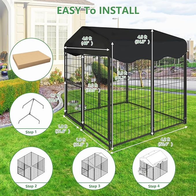 Dog Kennel Outdoor with Waterproof Roof, 4'L x 4'W x 4.5'H Large Outdoor Kennel with Rotating Feeding Door, Bowls, Dog Cage for Outside Dog House Enclosure for Dogs, Cat, Rabbits