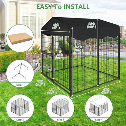 Dog Kennel Outdoor with Waterproof Roof, 4'L x 4'W x 4.5'H Large Outdoor Kennel with Rotating Feeding Door, Bowls, Dog Cage for Outside Dog House Enclosure for Dogs, Cat, Rabbits