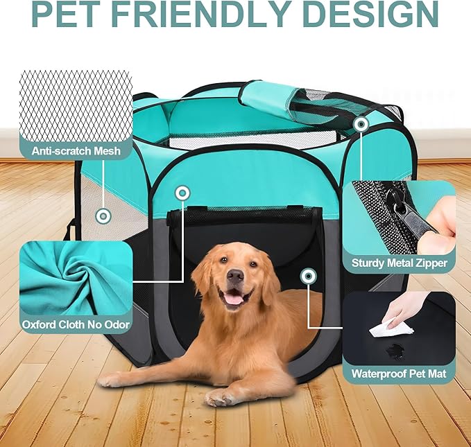 Pet Puppy Playpen for Cat Dog Indoor Outdoor, Foldable Portable Tent, Pop Up Dog Kitten Kennel Playpen with Carrying Case and Bowl,Green,Medium