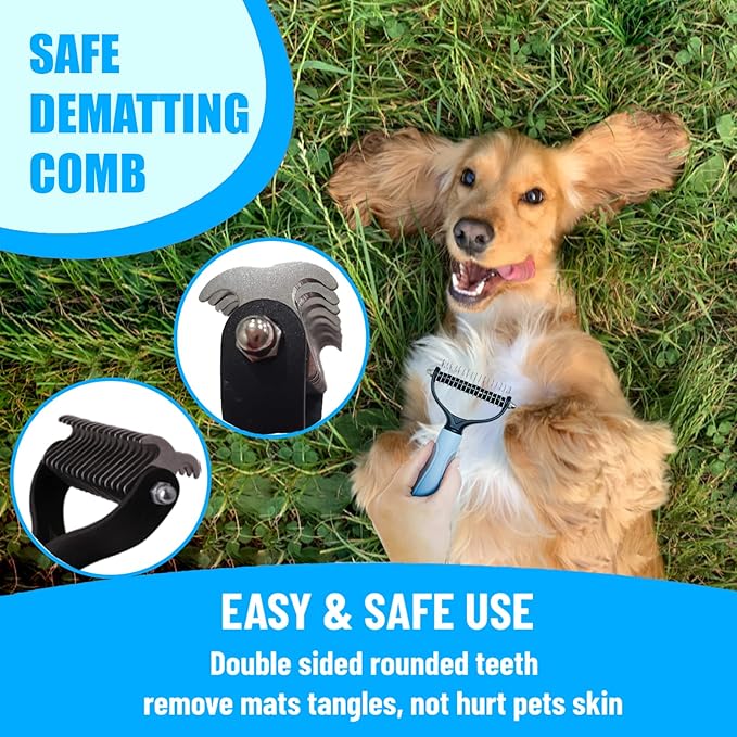 Dog Grooming Kit - 5 Pieces: Slicker Brush, Shedding Brush, Puppy Brush, Flea Comb, and Detangler Hair Brush Set in Blue