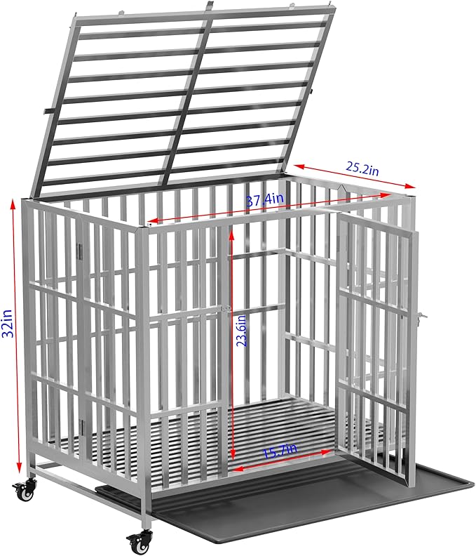 37" 42" 48" Heavy Duty Dog cage Stainless Steel Metal Kennel and Crate, Collapsible for Medium to Large Dogs, Easy to Assemble pet Pen with Four Lockable Wheels, Black Tray (37in)