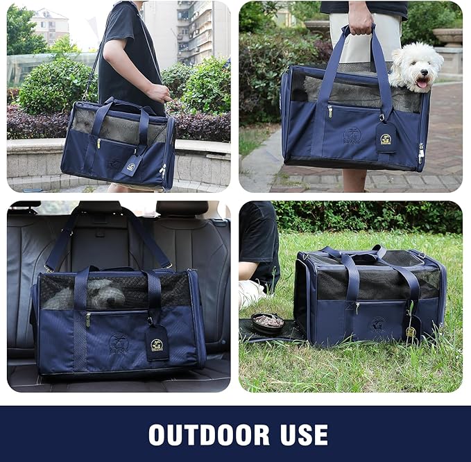 Luxury Pet Carrier for Dogs, Cats, Puppies - Airline TSA Approved, Durable Anti-Scratch Fabric, Soft-Sided, Consistent Airflow, Foldable Design, Cushion Pad, Travel (Navy Blue, Medium)