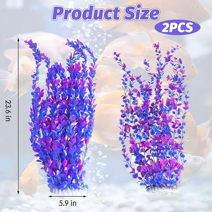 Hamiledyi Aquarium Plastic Plants Aquarium Decor Artificial Fish Tank Plants,Tall Fish Tank Decorations, Extra Large Aquarium Plant 23.6-inch Tall,2PCSï¼_urple Style Aï¼