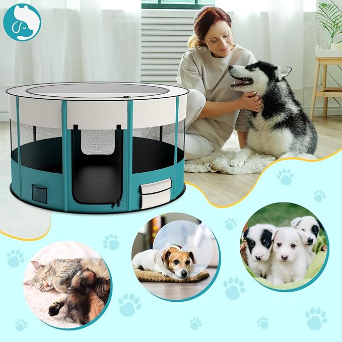 Foldable Playpen for Dogs, 110cm*110cm Waterproof Portable Dog Cat Crate Pet Exercise Kennel Tent, Puppy Kitten Cage with Shade Cover, Indoor House Outdoor Travel Use for Dog, Cat, Rabbit, Large