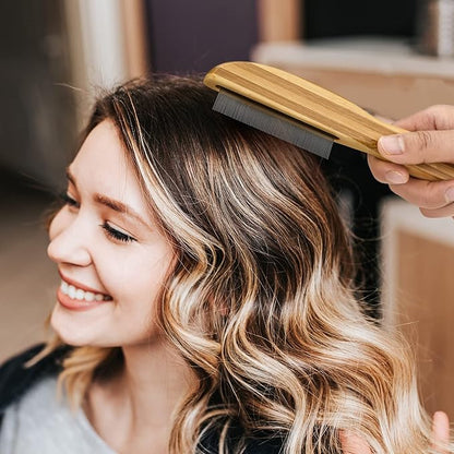 2-Pack Dandruff Comb, Stainless Steel Fine Tooth Comb Wooden Handle Dandruff Remover Flea Lice Comb Multifunction Hair Grooming Brush for Kids Adults Pets Dog