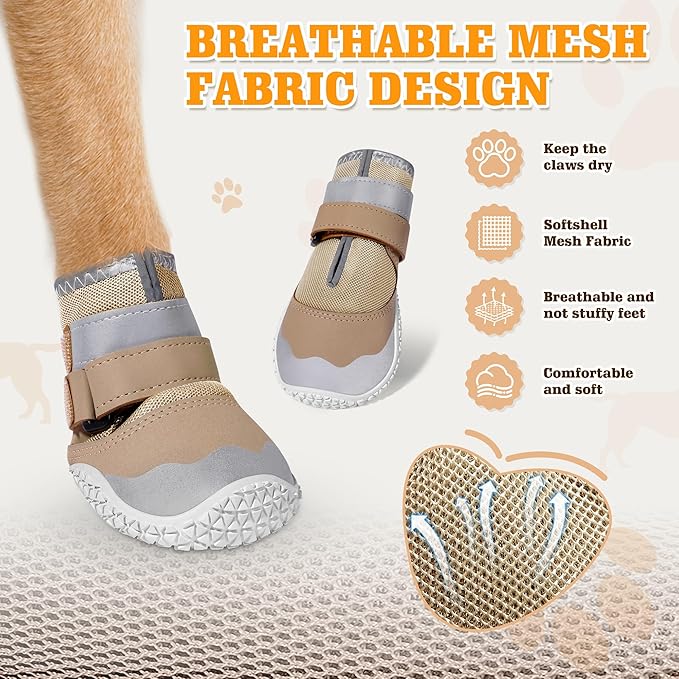 DcOaGt Dog Shoes Large Size Dogs,Mesh Breathable Dog Boots & Paw Protectors for Hot Pavement Summer Winter Snow, 360°Anti-Slip Dog Booties with Reflective Strips for Hiking/Walking,Khaki 4PCS(Size 8)