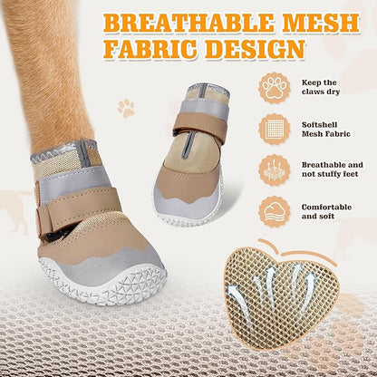 DcOaGt Dog Shoes Large Size Dogs,Mesh Breathable Dog Boots & Paw Protectors for Hot Pavement Summer Winter Snow, 360°Anti-Slip Dog Booties with Reflective Strips for Hiking/Walking,Khaki 4PCS(Size 6)