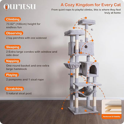 Ouritsu Cat Tree, 73.6 inch Tall Cat Climbing Tower for Large Cat Indoor with 2 Large Condos, 2 Widened Perches, Sisal Covered Scratching Posts, 2 Hammocks, Light Gray, XLF001GA