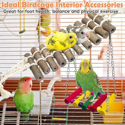 PINVNBY 2PCS Bird Ladder Bridge, Bamboo Bird Toys with Colorful Wooden Bird Swing Toy for Cage, Parakeet Cage Accessories for Small and Medium Birds Budgie Conure Cockatiel