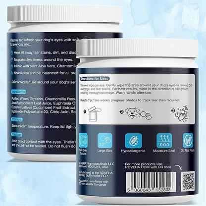 NOVEHA Cat & Dog Eye Wipes Tear Stain Remover for Discharge and Crust | White Pet Face Wipes | Easy Daily Pets Gentle Eye Cleaner for Whitening & Cleansing | 2PK - 150 Large Pk Round Wipes