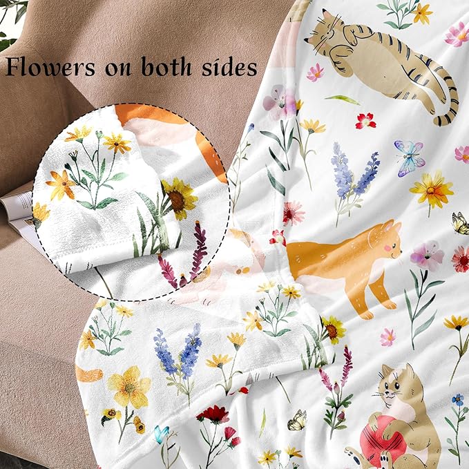 Floral Throw Blanket Birthday Gift for Women Mom Girls Kids Cat Lover Cat Flower Blanket Summer Wildflower Flannel Blanket Watercolor Printed Throw for Couch Sofa Bed Chair 50"x60"