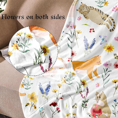 Floral Throw Blanket Birthday Gift for Women Mom Girls Kids Cat Lover Cat Flower Blanket Summer Wildflower Flannel Blanket Watercolor Printed Throw for Couch Sofa Bed Chair 60"x80"