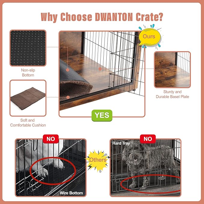 DWANTON Dog Crate Furniture with Cushion, XL Wooden Dog Crate with Double Doors, Large Dog Crate Furniture, Dog Kennel Indoor, Extra Large, 43.3" L, Rustic Brown