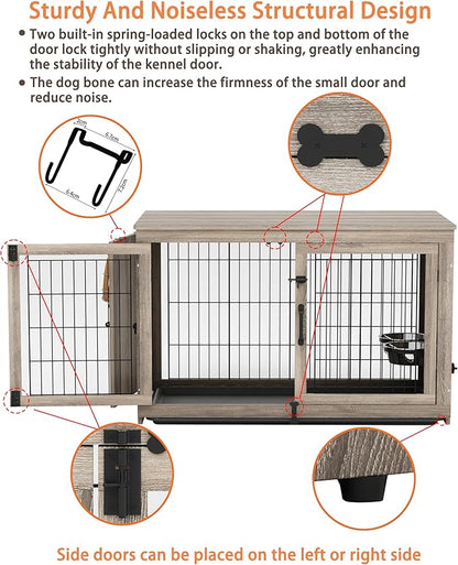 Piskyet Wooden Dog Crate Furniture with 360°Rotatable Removable Dog Bowls, Dog Crate End Table with Tray, Double Doors Dog Kennels for Dogs(L:37.7" L*25.1" W*26.1" H, Gray)