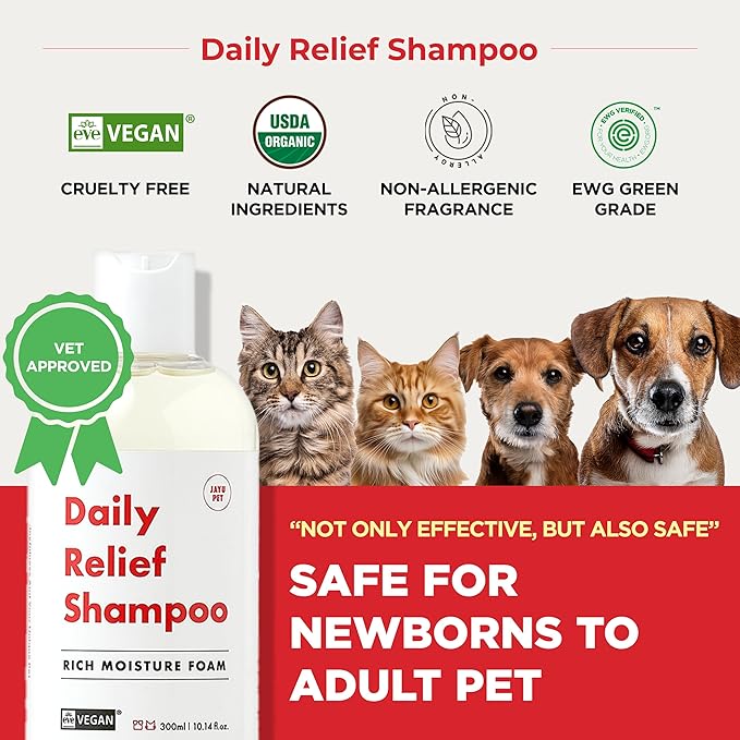 JAYU PET Daily Relief Shampoo - Vet Approved for Itchy Sensitive Skin, Natural Ingredients for Allergies. Moisturizing, Deodorizes Smelly Dogs, Best Odor Eliminating Dog Shampoo (10.1oz)