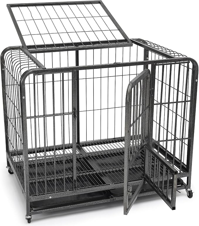 Dog Kennel Indoor, 36 Inch Dog Crate Heavy Duty, Escape Proof Dog Cage Kennel with Removable Tray for Small Dogs, High Anxiety Crate with Lockable Wheels and 3 Doors