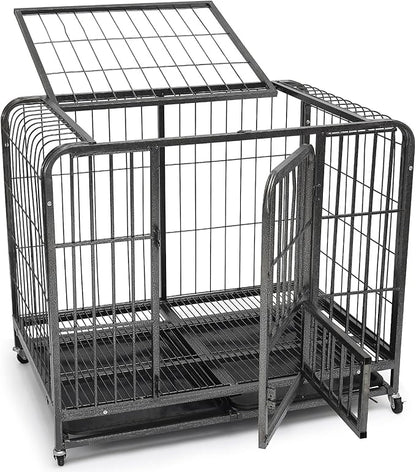 Dog Kennel Indoor, 36 Inch Dog Crate Heavy Duty, Escape Proof Dog Cage Kennel with Removable Tray for Small Dogs, High Anxiety Crate with Lockable Wheels and 3 Doors