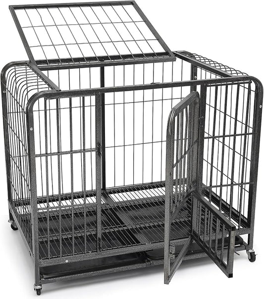 Dog Kennel Indoor, 36 Inch Dog Crate Heavy Duty, Escape Proof Dog Cage Kennel with Removable Tray for Small Dogs, High Anxiety Crate with Lockable Wheels and 3 Doors