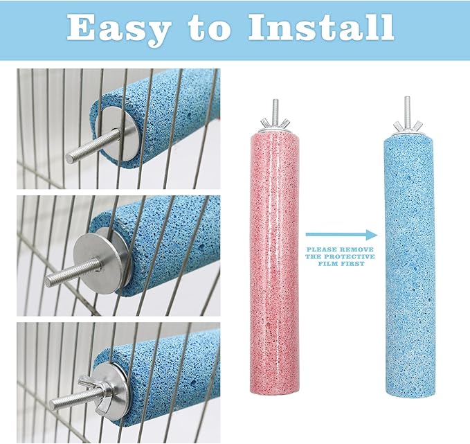 Dual-Textured Bird Perch, 2-Pack – Chewable Mineral Stone & Metal Rod Stand for Small/Medium Birds | Cage Mounted Perches for Beak Grinding, Claw Trimming (Blue & Pink)