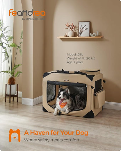 Feandrea 36 Inches Collapsible Soft Dog Crate, Portable Travel Dog Crate for Indoor and Outdoor Use, Dog Carrier Kennel with Safety Zippers, for Living Room, Car, Travelling,Camel Brown UPDC090K01