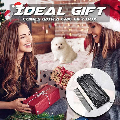 7" Dog Grooming Scissors Kit Black, Premium Japanese 440C Stainless Steel Straight, Thinning, Curved, Chunker Shears With Steel Comb for Precise Styling