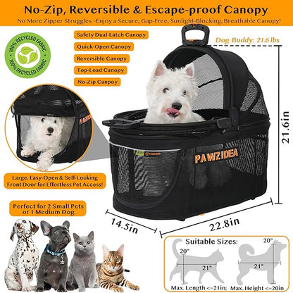 PAWZIDEA Portable Small Dog Crate for Car Travel, Enclosed Pet Car Seats for Small/Medium Dogs & Cats, Reversible No-Zip Canopy, Soft-Sided Pet Carrier Cage, Collapsible Travel Dog Kennel, Chew-Proof