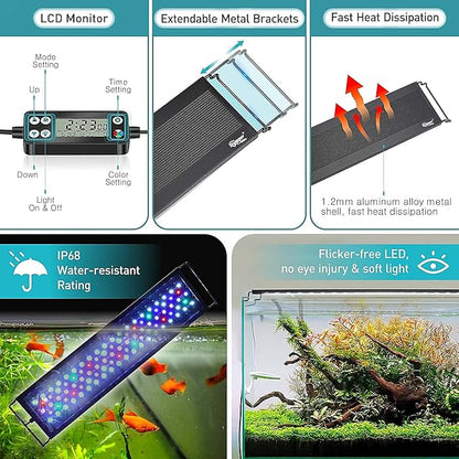 hygger Auto On Off LED Aquarium Light, Full Spectrum Fish Tank Light with LCD Monitor, 24/7 Lighting Cycle, 7 Colors, Adjustable Timer, IP68 Waterproof, 3 Modes for 12"-18" Freshwater Planted Tank