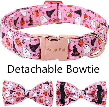 ARING PET Halloween Dog Collar-Cotton Pink Pumpkin Dog Collar with Bow, Adjustable Halloween Themed Bowtie Dog Collars Pet Necklace with Metal Buckle for Girl&Boy Dogs