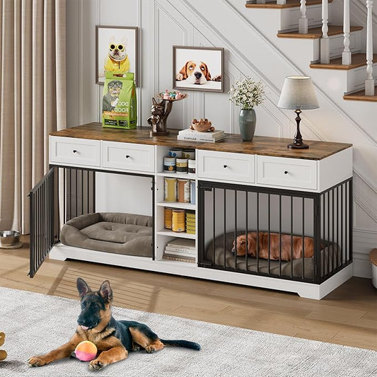 IDEALHOUSE 82” Large Dog Crate for 2 Dogs, Dog Kennel Indoor with 4 Drawers and Shelves, Double Dog Crate Furniture TV Stand, Wooden Heavy Duty Dog Crate for Medium Large Dogs, White