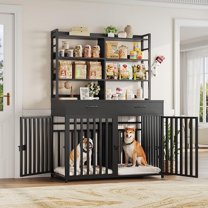 Keyluv 71''H x 47.2''W Large Dog Crate Furniture with 4-Tier Shelves and 2 Storage Drawers, Heavy Duty Dog Cage Furniture with 2 Doors, Wood & Metal Dog Kennel Indoor for Small/Medium/Large Dog, Black