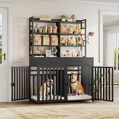 Keyluv 71''H x 47.2''W Large Dog Crate Furniture with 4-Tier Shelves and 2 Storage Drawers, Heavy Duty Dog Cage Furniture with 2 Doors, Wood & Metal Dog Kennel Indoor for Small/Medium/Large Dog, Black