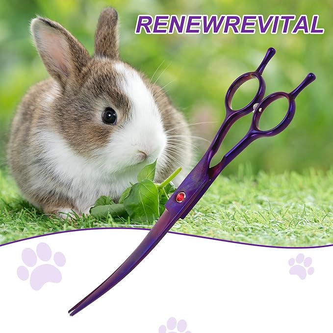 Dog Grooming Scissors, with Ergonomic Handle, Pill Popper for Cats, Upper Bend Shears, Stainless Steel Curved Shears for Dogs Cats, Purple, 7.5inch