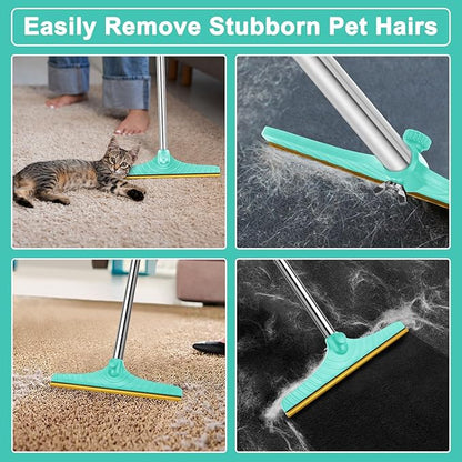 5FT Carpet Rake Pet Hair Remover, Reusable Carpet Rake with Telescopic Handle for Pet Hair Removal Tool Dog Cat Fur Remover Broom for Rugs, Mats, Beds, Stairs (Blue)