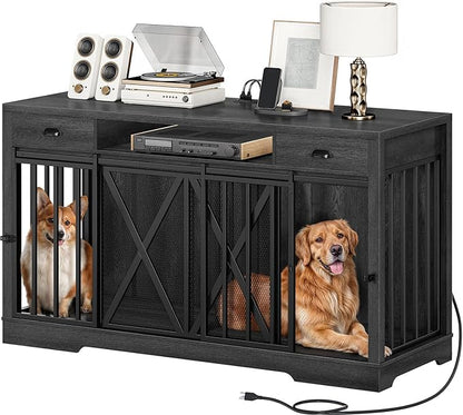 DWVO 63 Inch Double Dog Crate Furniture for 2 Dogs, Heavy Duty Wooden Dog Crate TV Stand with Charging Station, Dog Kennel Indoor Furniture Double Sliding Barn Door Design Ideal for 2 Dogs, Oak
