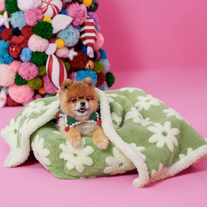 Lesure Waterproof Puppy Blanket for Small Dogs - Washable Double Sided Dog Blankets with Warm Jacquard Shag and Soft Sherpa Fleece, Pet Cat Blanket for Couch Protection, 3D Textured Cloud, Green
