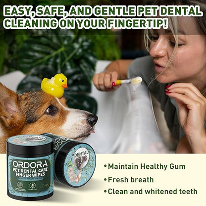 ORDORA PET Teeth Cleaning Wipes for Dogs & Cats, Dog Teeth Cleaning Finger Wipes - Dog Tooth Brushing Kit Dental Wipes - Reduces Plaque & Freshens Breath (50 Pcs)