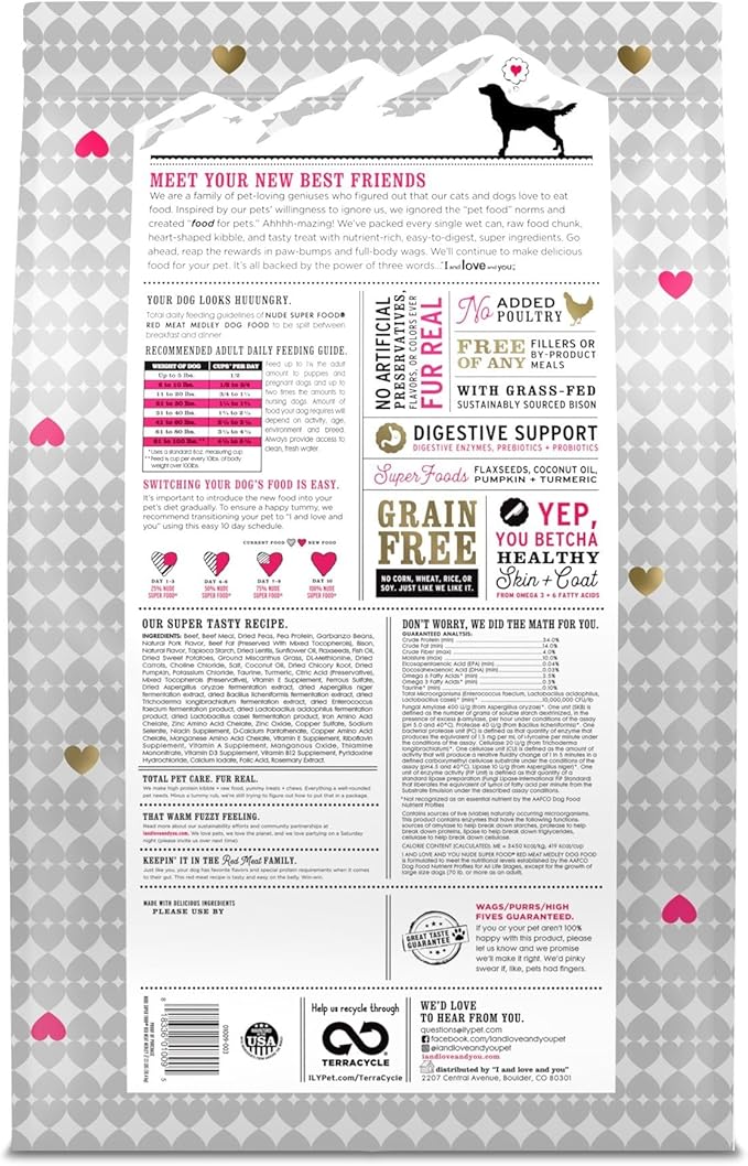 I and love and you Nude Super Food Dry Dog Food - Red Meat Medley - Prebiotic + Probiotic, Grain Free, Real Meat, No Fillers, 23lb Bag