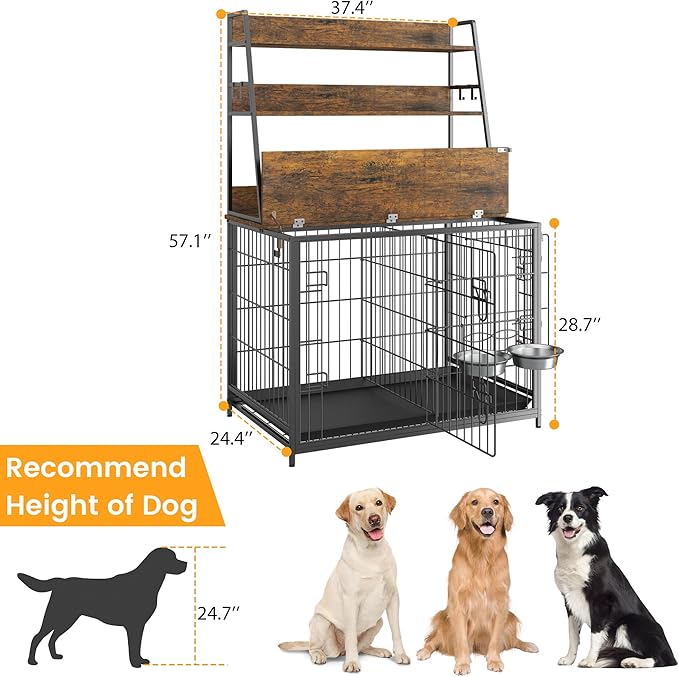 IDEALHOUSE Dog Crate Furniture,Flip-up Top Pet Crate Furniture,Indoor End Table Dog Cage with 3-Layer Storage Shelves,Dog Crates for Medium Dogs,Dog Kennel Furniture with Adjustable Bowls,Brown