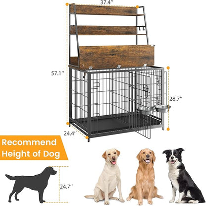 IDEALHOUSE Dog Crate Furniture,Flip-up Top Pet Crate Furniture,Indoor End Table Dog Cage with 3-Layer Storage Shelves,Dog Crates for Medium Dogs,Dog Kennel Furniture with Adjustable Bowls,Brown